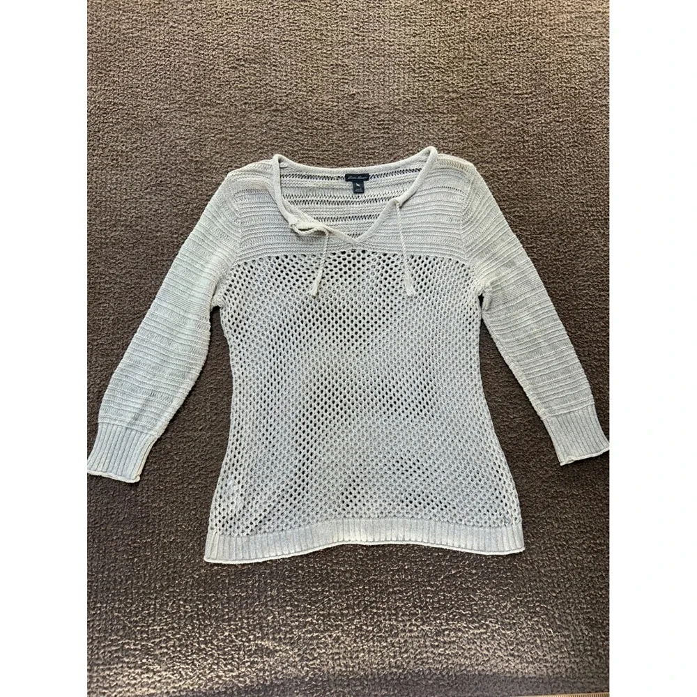 Eddie Bauer Womens Beige Linen Cotton Open Knit Mesh V-Neck Tassel Sweater Large